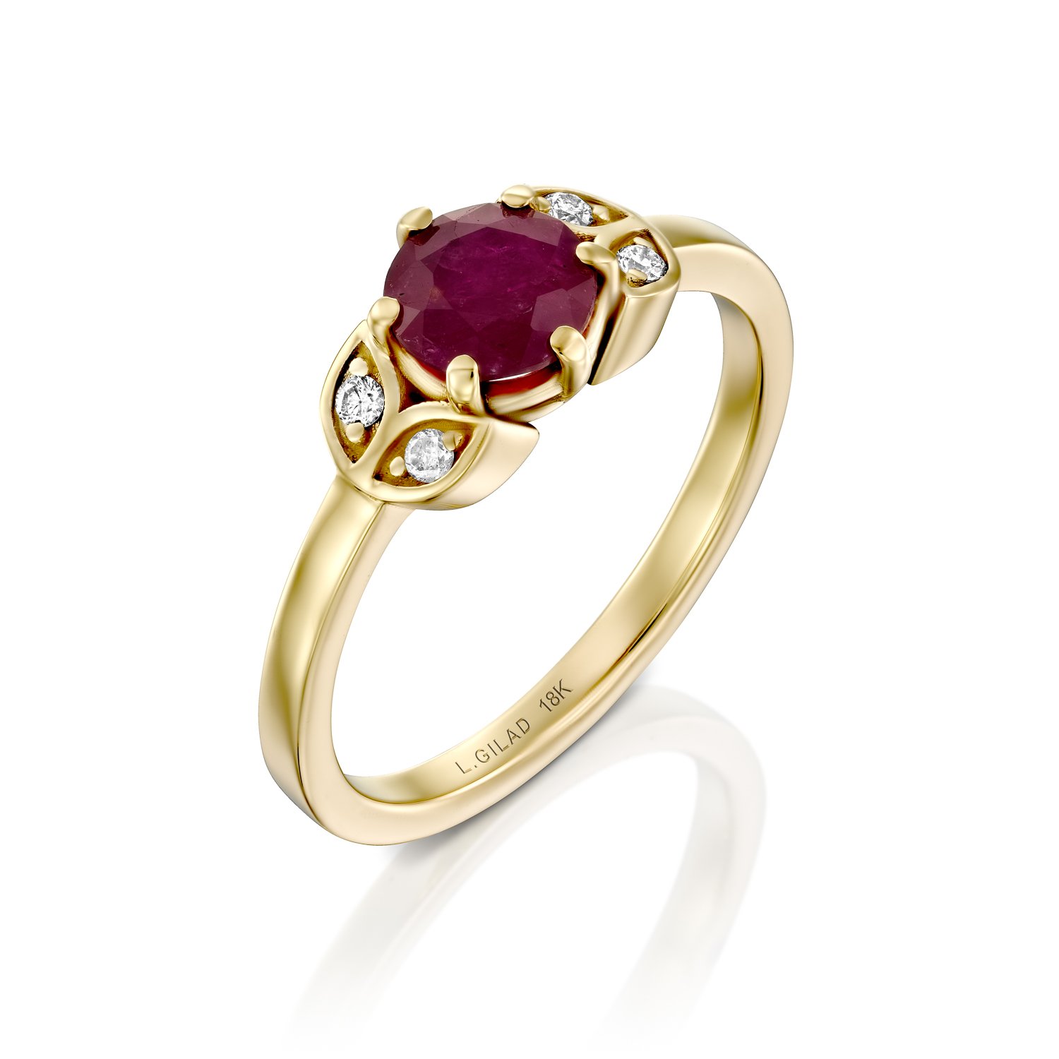 טבעת זהב עם אבן רובי ויהלומים, דגם פלורי