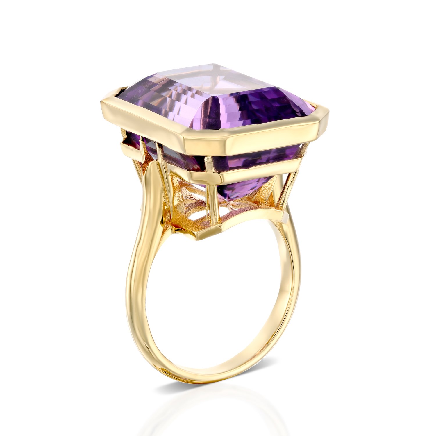 טבעת 18 קראט צהוב אבן אמטיסט, דגם נרקיס