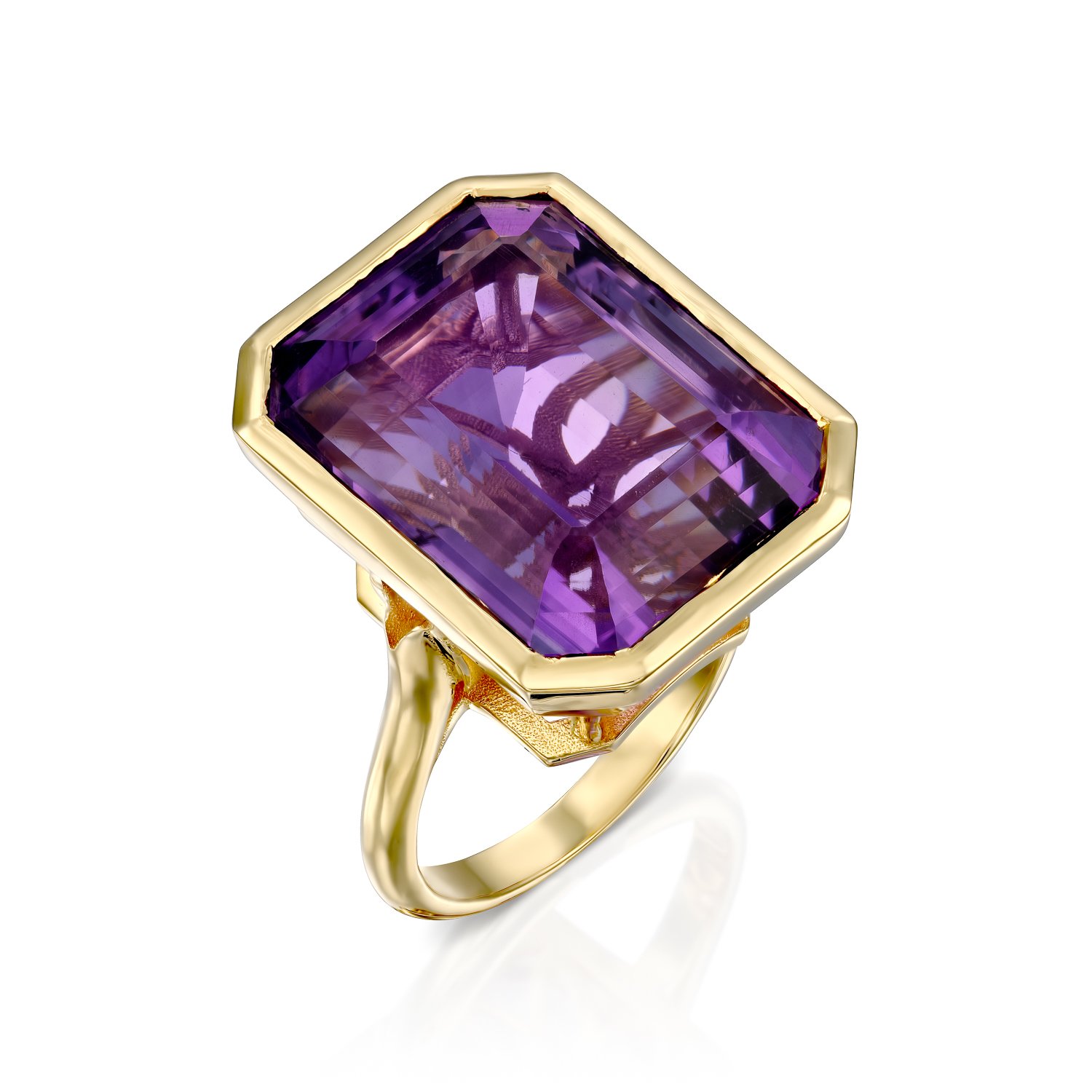 טבעת 18 קראט צהוב אבן אמטיסט, דגם נרקיס