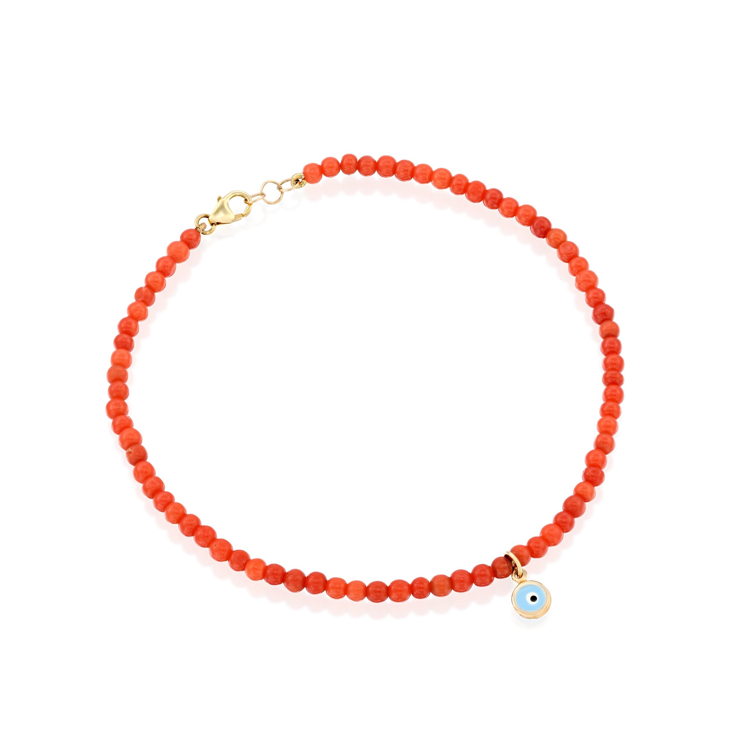 צמיד זהב צהוב עם אבני קורל ותליון עין